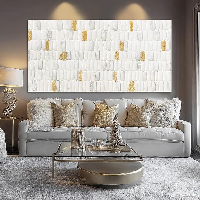 YETHEN WAL White and Gold Textured Abstract Wall Art, Minimalist Neutral Canvas Painting Modern Artwork for Living Room Bedroom Office Decor 24x48 Inch