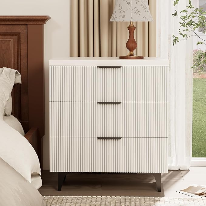 Royal Windsor Fluted Nightstand with 3 Drawers, Side End Table, Accent Storage Cabinet,Modern Night Stand Bedside Table for Bedroom,White