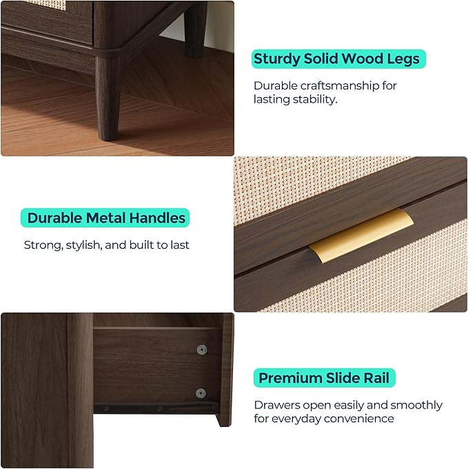 LINSY Rattan 6 Drawer Dresser for Bedroom, 54" Wide Mid-Century Modern Tall Chest of Drawers, Deep Storage Dresser with Curved Corner Design, Large Accent Wood Cabinet for Bedroom, Walnut