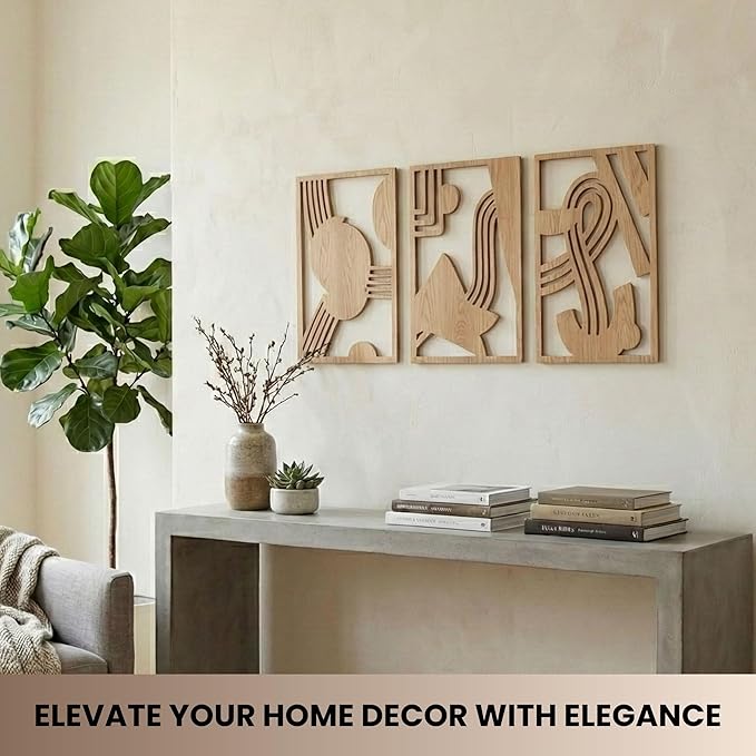 qmmp Modern Wooden Wall Sculptures - Set of 3 - Home Decor Accent - Large Wall Art for Living Room, Bedroom, Office - Easy Installation (Oak, Medium - Abstract Shapes)