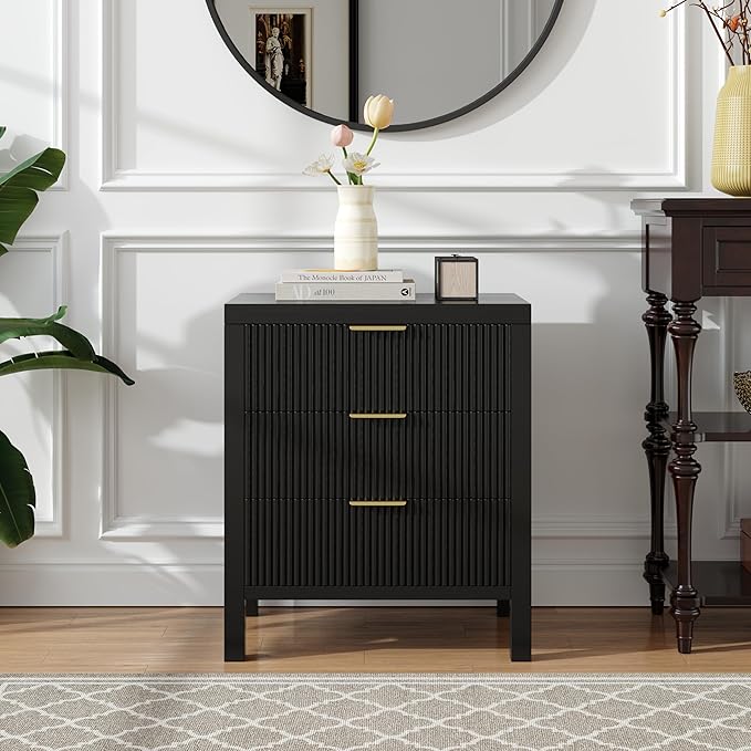 Fluted Nightstands Set of 2, Wooden Farmhouse Night Stands with 6 Drawer Bedside Table - Boho Tall End Table Accent Table for Bedroom, Living Room, （Black 2PCS）