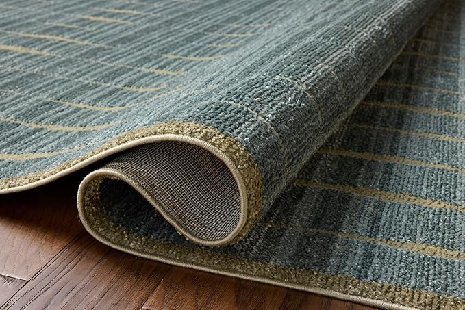 Loloi Chris Loves Julia Calvin Collection CLV-02 Ocean/Olive 2'-7" x 10'-0" Runner Rug Checkered Neutral Soft Living Room Bedroom Carpet
