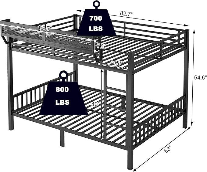 Upgraded Version Thicken Metal Heavy-Duty Queen Over Queen Bunk Bed with Storage Shelf, Best Modern Style Stronger Queen Size Bunk Bed with Ladder for Adults, Easy Assembly (Queen+Storage Shelf)