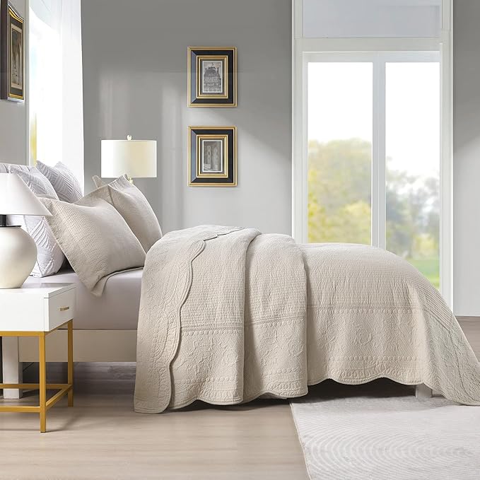 MarCielo 3-Piece 100% Cotton Oversized Bedspread Lightweight Quilt Coverlet Embroidery Farmhouse Bedding Set (TG Yellowish Beige, Oversized King (118"x106"))