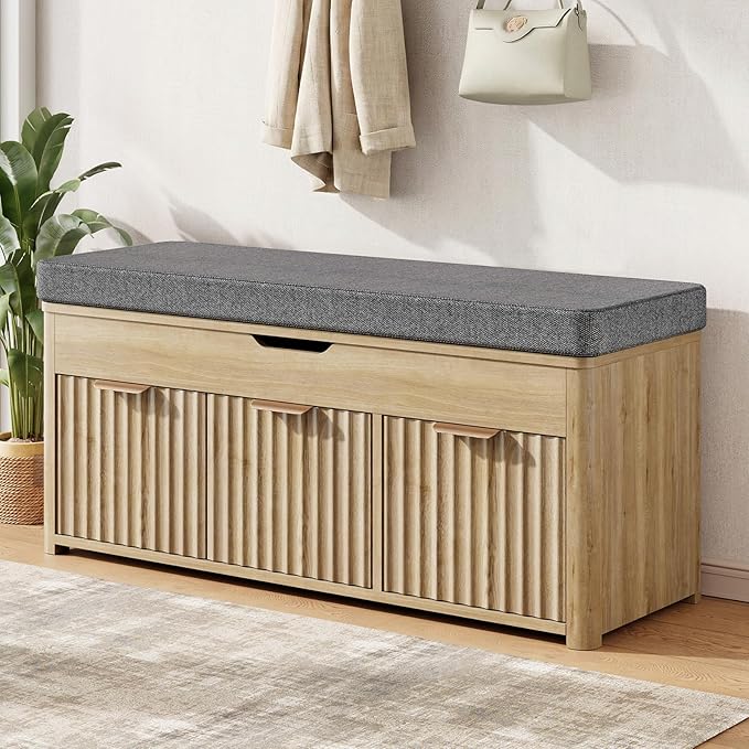 Shoe Bench with Storage - Lift Top Entryway Bench with Hidden Storage, Shoe Rack with Adjustable Shelves and Cushioned Seat, Wooden End of Bed Bench for Bedroom, Living Room and Hallway,Nature