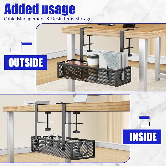 REFLYING Under Desk Cable Management Tray, Metal Long Arms (3.9in), No Drill Mesh Cable Tray, Wire Organizer, 1 Pack, Black