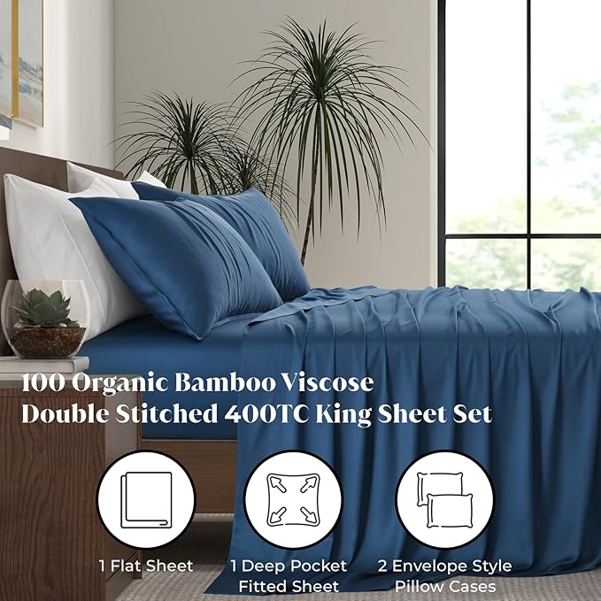 Luxury Bamboo Market | King Size Bed Sheet Set | 100% Viscose Made from Bamboo | Organically Grown | Ultra Soft | Cooling Sheets for Hot Sleepers | 17" Deep Pocket [Midnight Blue]