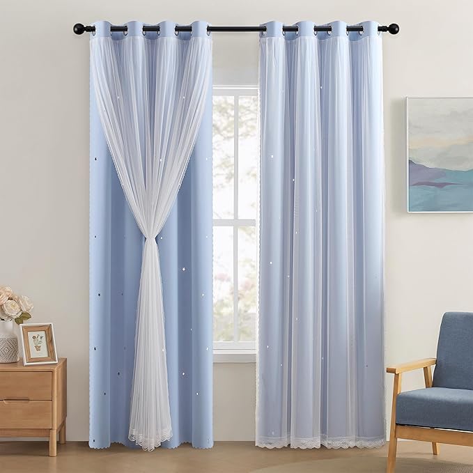 XiDi Blue Curtains for Bedroom, Girls Room Blackout Curtains, Kids Room Darkening Curtains, Light Blue Decor, 1 Panel Light Blue/34/84/1
