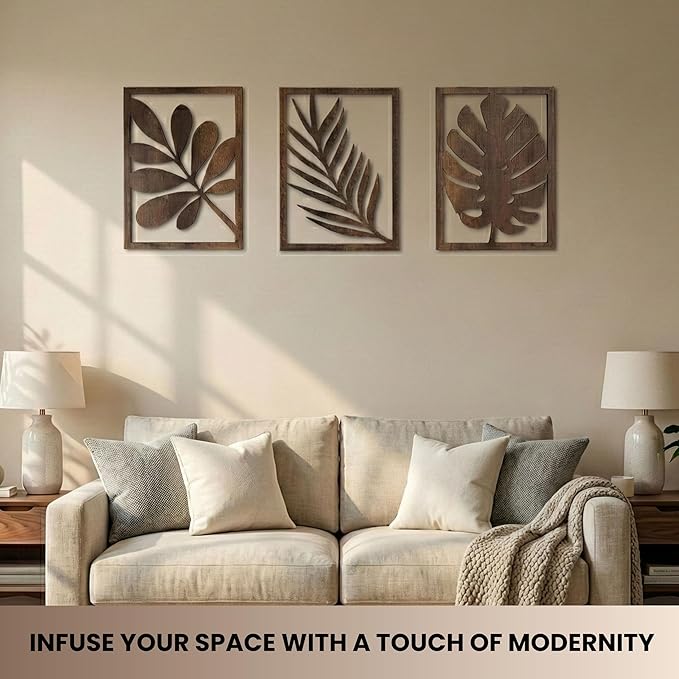 qmmp Modern Wooden Wall Sculptures - Set of 3 - Home Decor Accent - Large Wall Art for Living Room, Bedroom, Office - Easy Installation (Walnut, Large - Tree Leaves)