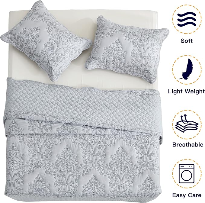 CHIXIN Bedspread Coverlet Set Queen Size - Lightweight Bedding Cover - Beautiful Stitching - 5 Piece Reversible Bedspread - Luxury Damask Paisley Pattern (Queen, Light Grey)