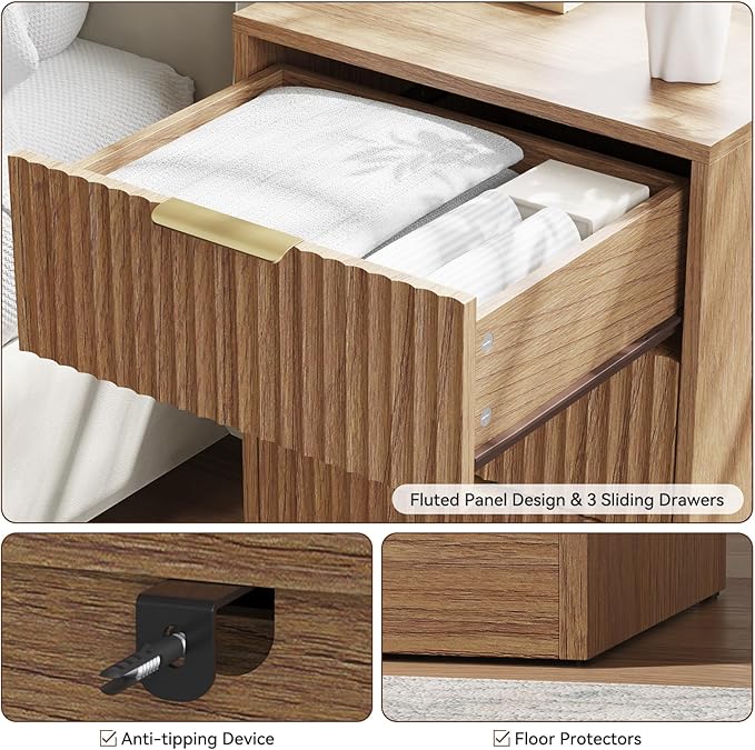 8 Drawer Dresser & 3 Drawer Nightstand Set 3-Piece, Tall Fluted Dresser and Night Stand Set of 2 w/Metal Handle, Modern Wood Chest of Drawers Storage Dressers Set for Bedroom, Natural Wood