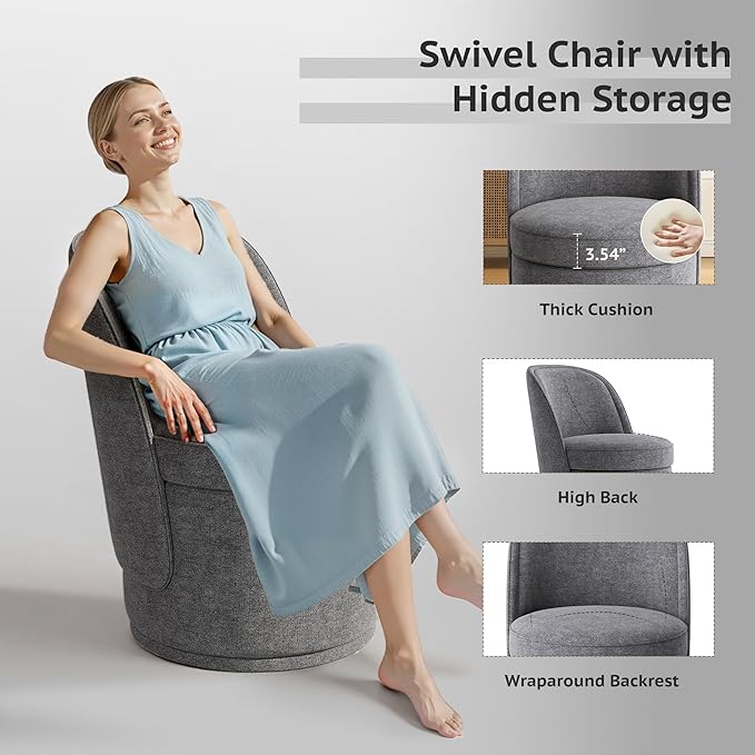Swivel Accent Chair, 360° Swivel Chair with Hidden Storage, Vanity Chairs, Modern Small Barrel Swivel Armchair for Living Room/Bedroom, Darkgrey