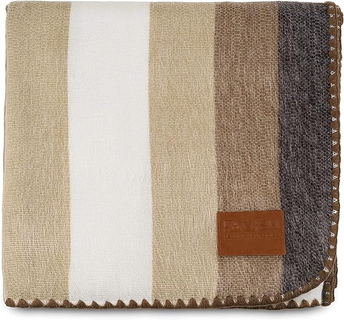 QISU Alpaca Wool Blanket Throw | Large, Beautiful, Warm, Stripes | 85 x 65 inches | Ultra-Soft, Hypoallergenic and Breathable | Non-Itchy or Scratchy Fabric (Camel Thick Stripe)