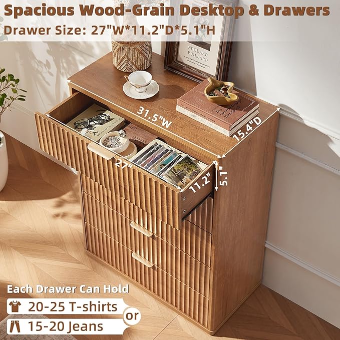 LEYAOYAO Fluted 5 Drawers Dresser Set of 2, 41" Tall Modern Chest of Drawers with Metal Handle, Curved Profile Dresser TV Stand, Wooden Drawer Organizer for Bedroom, Living Room, Hallway, Lightgrey