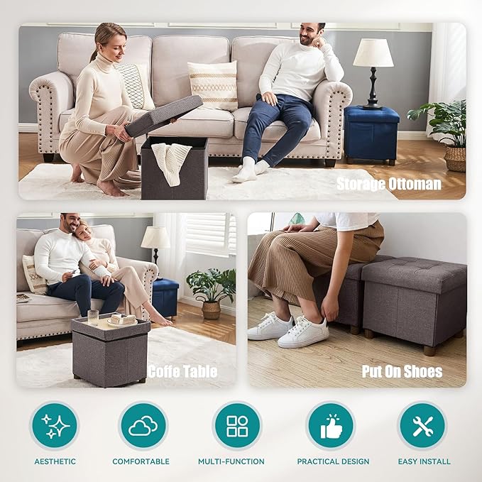 BRIAN & DANY Small Ottoman with Storage, Small Storage Ottoman, Folding Foot Stool with Wood Legs for Living Room and Bedroom Linen Rest Seat, 12.6"x12.6"x12.8" - Brown