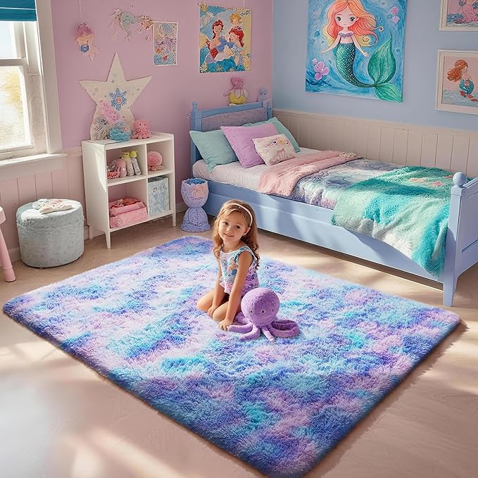 Ophanie Rainbow Purple Rug for Bedroom Girls, Unicorn Colorful Mermaid Fluffy Soft Cute Fuzzy Area Rugs, Shag Plush Shaggy 4x6 Furry Carpet for Kids Baby Teen Dorm Nursery Home Decor Aesthetic