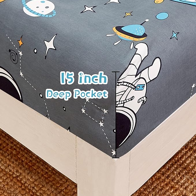JSD Grey Astronaut Kids Sheet Set Full Size, 4 Piece Boys Space Adventure Printed Microfiber Sheets Deep Pocket