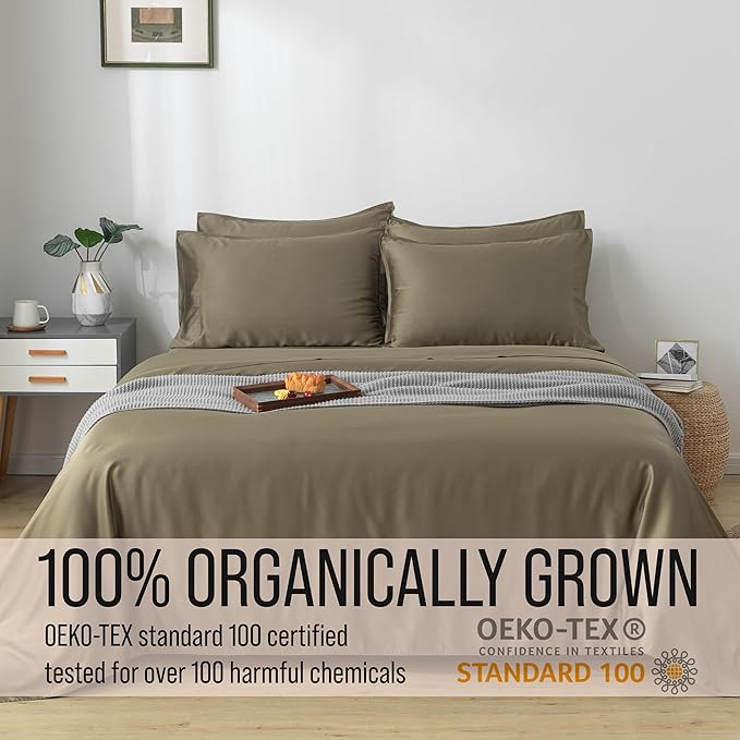 Bella Coterie 7 Piece Luxury Bamboo Viscose Split King Size Sheet Set | 2 Fitted Sheets for Adjustable Beds | 100% Organically Grown | Cooling for Hot Sleepers | 4 Pillowcases [Olive]