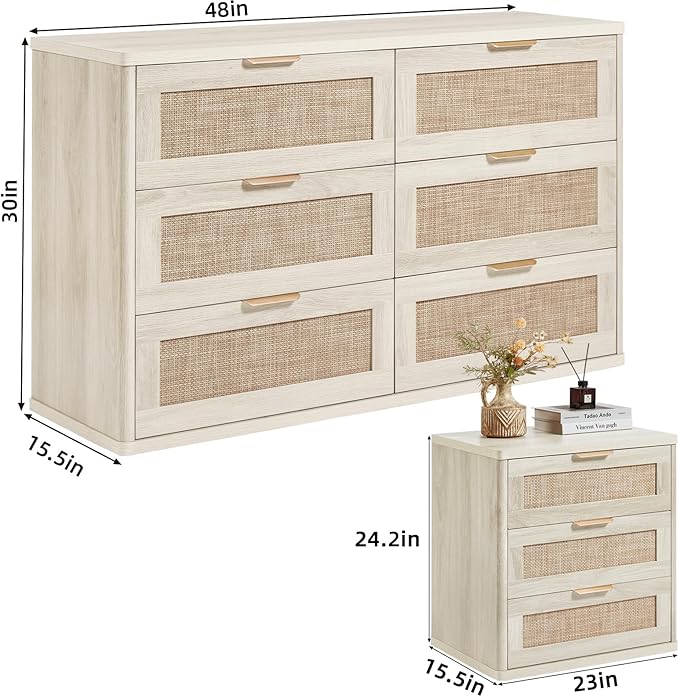 LEYAOYAO Rattan Dresser and Nightstand Sets 3 Piece, Boho Wood Dresser for Bedroom with 6 Drawers and Night Stand with 3 Drawer, Bedroom Furniture, Dressers & Chests of Drawers, Living Room, Hallway