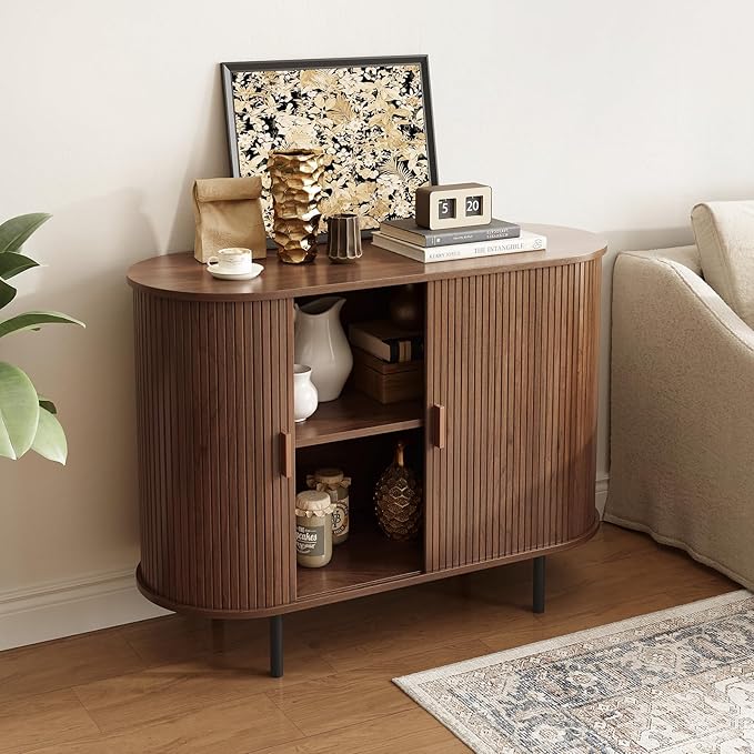 ONBRILL 40" Sideboard Buffet Cabinet with Storage, Storage Cabinet with Sliding Door & Adjustable Shelf, Modern Accent Coffee Bar Console Table for Kitchen, Entryway, Walnut