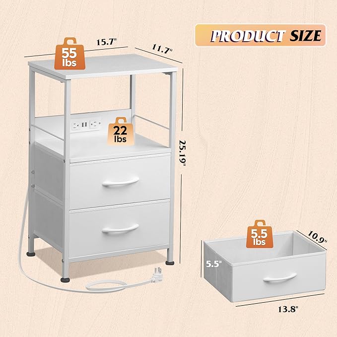 WLIVE White Night Stand with Charging Station, LED Nightstand with 2 Fabric Drawers and Storage Shelf, Dorm Bedside Table End Table with 2 USB Ports and Outlets, Small Dresser for Bedroom