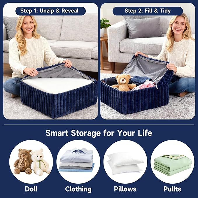 Tiita Suqre Stuffed Pouf Ottoman, Stripe Poufs 21×21×10 inch with Foam Chunk Filling, Floor Bean Bag Floor Chair Storage for Living Room Bedroom Home Decor, Navy Blue