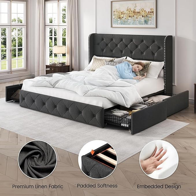 LARMACE Upholstered Queen Size Bed Frame with 4 Storage Drawers and Wingback Headboard Tufted Platform Bed Frame Linen Beds with Wooden Slats Support, Easy Assembly, Dark Grey