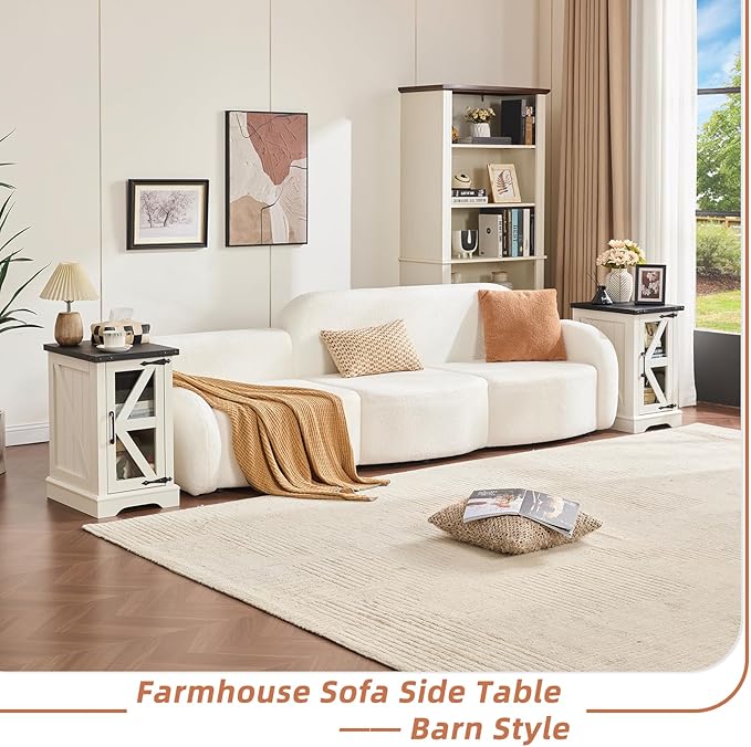 Farmhouse End Table Set 2, Narrow 18'' Night Stand with Glass Barn Door, 24" Square Side Table with Charger Station, Living Room Furniture Sets, Wood Nightstand Bedside Tables for Bedroom