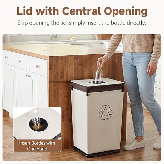 StorageWorks Recycling Bin with Lid, 29Gal Large Recycling Bin for Kitchen, Indoor Recycling Bins with 2 Reusable Washable Bags for Bottles and Cans, Steel Frame Fabric Sorter, 110L, Beige