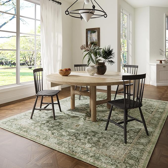 6×9 Machine Washable Rug for Living Room, Boho Vintage 6×9 Area Rug，Distressed Accent Low Pile Ultra Soft Large Carpet for Bedroom Bathroom Dining Room, Floral/Green