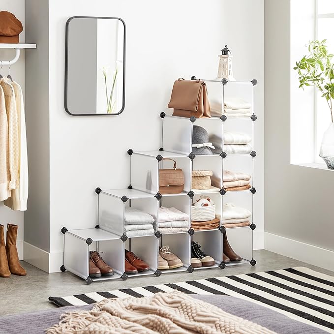 SONGMICS Shoe Rack with 16 Cubes, Interlocking Plastic Shoe Organizer, DIY Storage Cabinet for Closet Entryway Bedroom Garage, Space Saving Design, 12 x 35.1 x 27.2 Inches, Transparent ULPC445W02