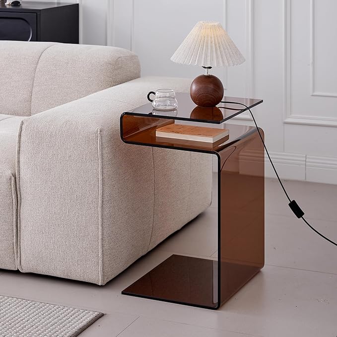 Glass Nightstand,Side Table,S-Shaped End Table for Living Room,Bedside Table for Bedroom (Brown)