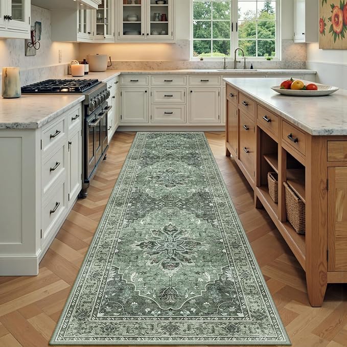Area Rugs 3'x7' Washable Non-Slip, Floral Vintage Distress Print Pattern Medallion Carpet for Living Room Bedroom Dining Room, Dark Green Gray