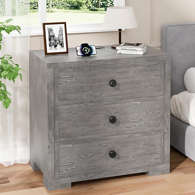 COWMOU Nightstand with Drawers 3 Drawer Night Stand with Charging Station Farmhouse Style Large Bed Side Table Wooden Dresser for Bedroom Living Room (1, Grey Grain)