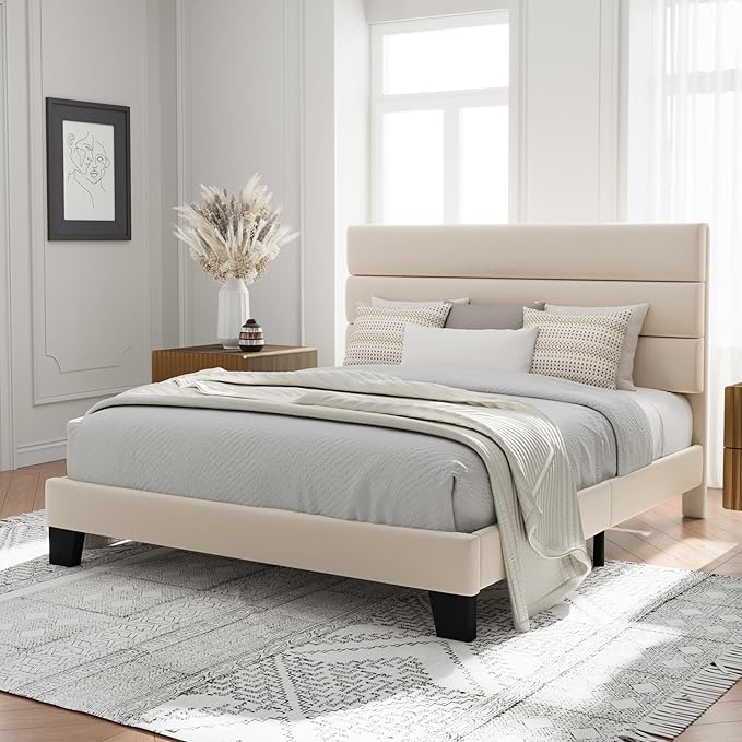 Allewie Queen Size Platform Bed Frame with Velvet Upholstered Headboard and Wooden Slats Support, Fully Upholstered Mattress Foundation/No Box Spring Needed/Easy Assembly, Cream