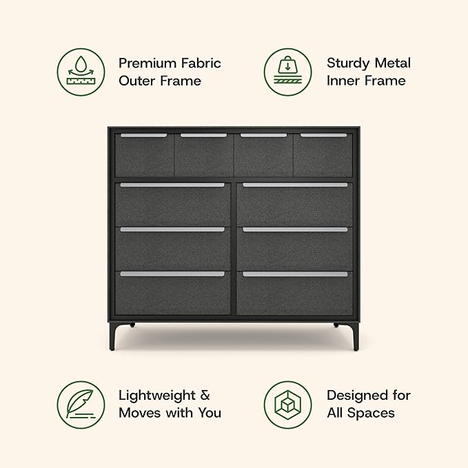 Naima Premium Fabric Dresser - Strong Metal Frame, 10 Spacious Sag-Proof Drawers with Sleek Metal Handles - Premium & Durable Storage Solution for Your Home (Charcoal)
