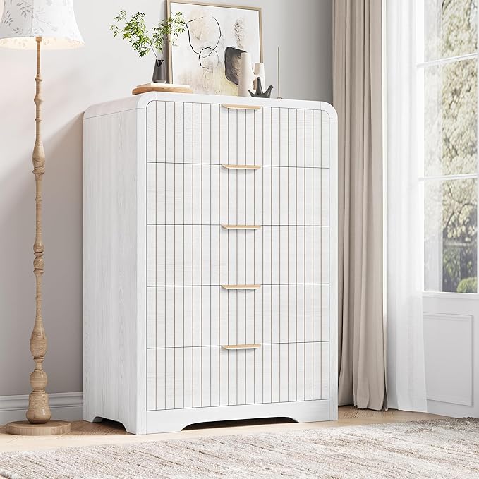 Fluted 5 Drawer Dresser for Bedroom, 43" Tall Dressers & Chests of Drawers Curved Profile Design, Wood Mid Century Vertical Dresser Natural Texture for Bedroom, White Dresser