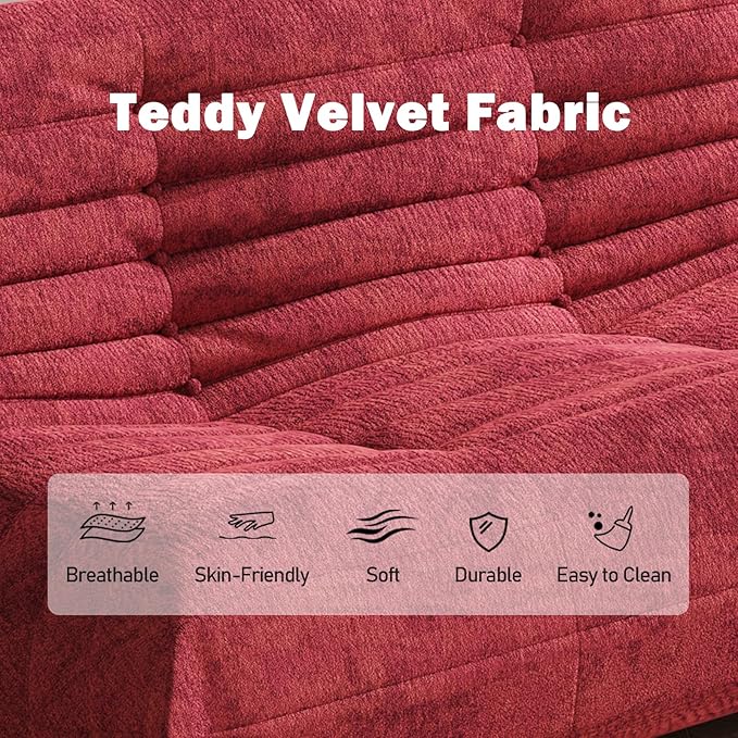Bean Bag Chair Loveseat, 2 Seater, Red, Teddy Fabric, Modern, L-Shaped, Adults & Teens, Living Room & Bedroom