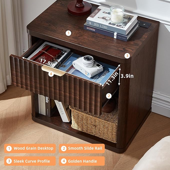 LEYAOYAO 23" Wide Fluted Farmhouse Night Stand Set of 2 with Charging Station, 1 Drawers Large End Table w/Metal Handle, Walnut Nightstand Bedside Table,Wood Dresser for Bedroom, Closet