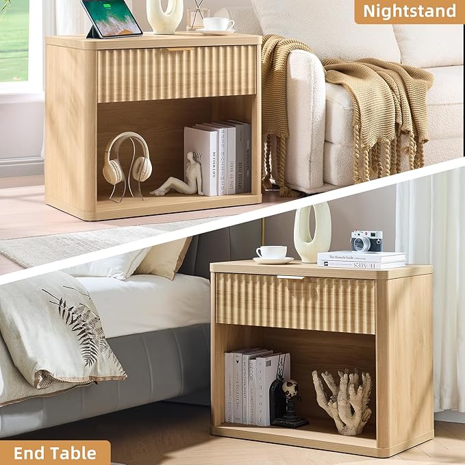 LEYAOYAO 31" Wide Fluted Nightstand Set of 2 with Charging Station, Oversized Extra Large 1 Drawer Night Stand with Golden Handle, Natural Wood Bedside Table Tall End Tables,for Bedroom, Living Room