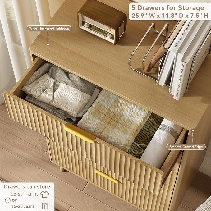 CARPETNAL Fluted 5 Drawers Dresser for Bedroom, 45" Tall Wooden Chest of Drawers with Rounded Corners, Gold Handles, Modern Storage Organizer for Bedroom, Hallway (Oak)