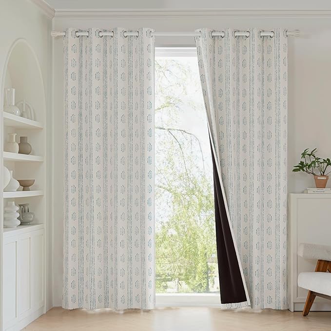 100% Boho Blackout Curtains 96 Inches Long for Bedroom, Blue on Beige Patterned Bohemian Curtains for Living Room, Geometric Striped Thermal Insulated Window Drapes Gromment Top 2 Panels