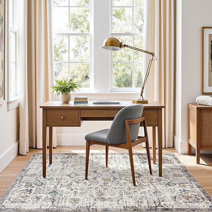 jinchan Kalen Area Rug 4x6 Washable Bedroom Rug Vintage Indoor Thin Floor Cover Retro Accent Mat Distressed Floral Country Boho Non Slip Carpet for Living Room Kitchen Dining Room Office Blue Multi