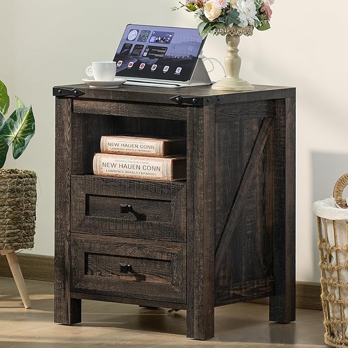 Joaxswe Nightstands Set of 2 with Charging Station, Farmhouse Night Stand with 2 Drawers and Shelf Storage, Wooden Side End Table, Bedside Cabinet for Bedroom, Living Room, Closet,Office (Dark Drey)