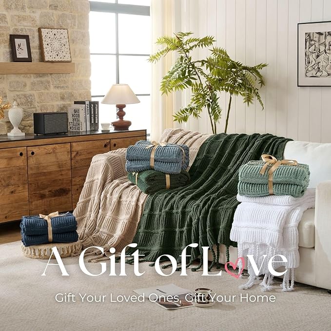 Boho Knitted Chenille Blanket with Tassels - Lightweight & Soft All-Season Throw - 3D Classic Pattern for Living Room Bedroom Couch, Imperial Green, Throw 50"x60"