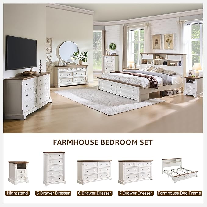 T4TREAM Farmhouse King Size Bed Frame with 54" Tall Headboard, Wood Platform Bed Frame with 18" Tall Roman Column Decoration Footboard & 2 Large Storage Drawers, No Box Spring Needed(Antique White)