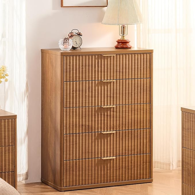 LEYAOYAO Fluted 5 Drawers Dresser Set of 2, 41" Tall Modern Chest of Drawers with Metal Handle, Curved Profile Dresser TV Stand, Wooden Drawer Organizer for Bedroom, Living Room, Hallway, Lightgrey