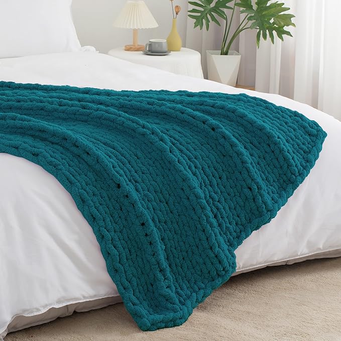 Chunky Knit Throw Blanket 60"X 80", 100% Handmade with Soft Chenille Yarn, 6.7lbs Thick Cable Knitted Blankets, Large Rope Knot Crochet Throws for Couch Sofa Bed Home Decor, Teal