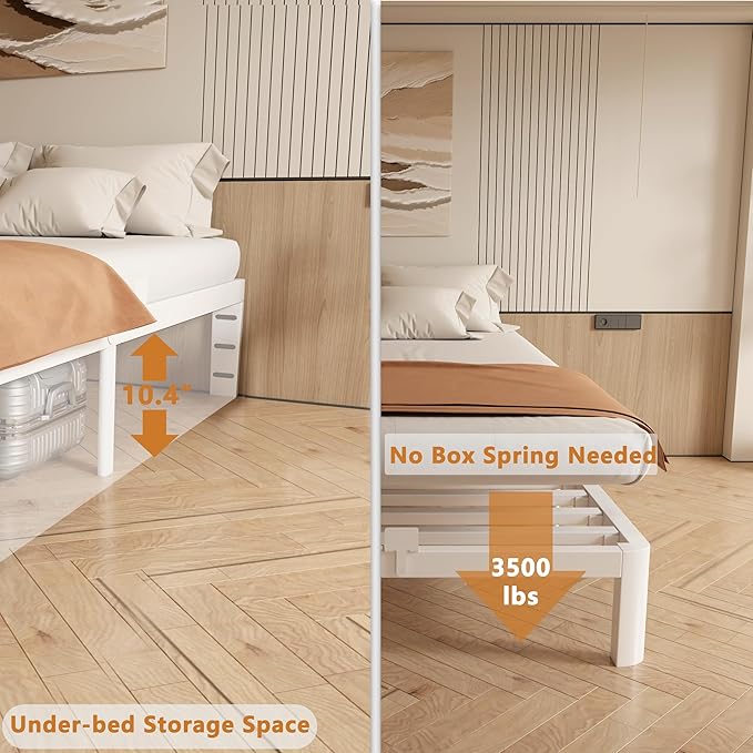 12 Inch Twin Bed Frame, Platform Bed Frames with Metal Gaskets, Anti-Slip Mattress Stopper, No Box Spring Needed, Heavy Duty Steel Slat Support, Round Corner Leg, Easy Assembly, White