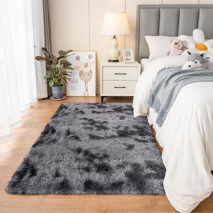 duduta Grey Plush Area Rugs for Bedroom 5x8 ft, Fluffy Carpet for Living Room Kids Room, Large Shag Dorm Rug, Washable Non Slip
